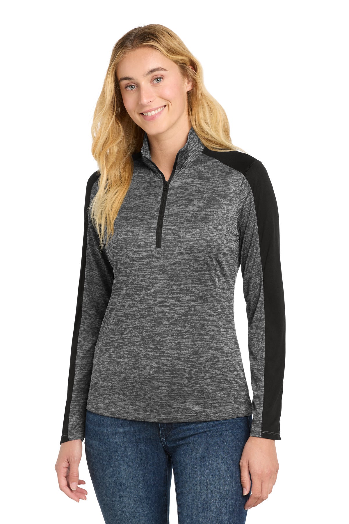 Sport-Tek Women's PosiCharge Electric Heather Colorblock 1/4-Zip Pullover. LST397